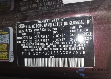 2016 Kia Sorento 2.4L Lx z USA, uszkodzony, nr VIN 5XYPGDA33GG067576